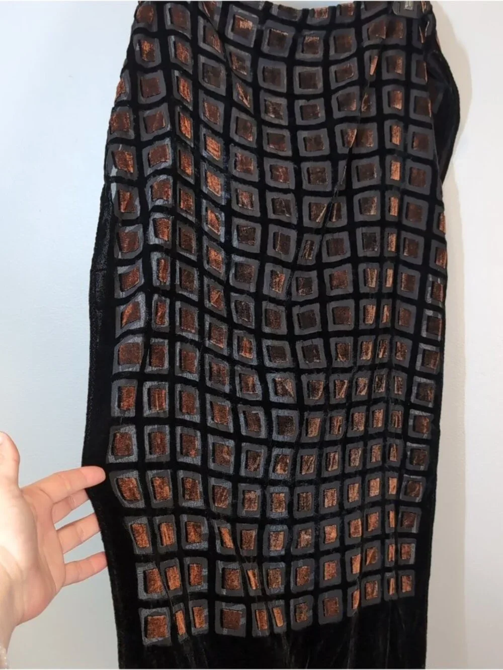 Vintage Y2K Silk Blend Burnout Velvet Scarf Fringe Geo Black Copper Luxe Wrap